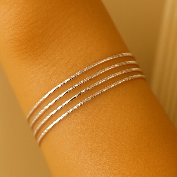Hammered Sterling Silver Bangle Bracelet Set: Skinny Stackable Cuffs - Picture 2 of 5